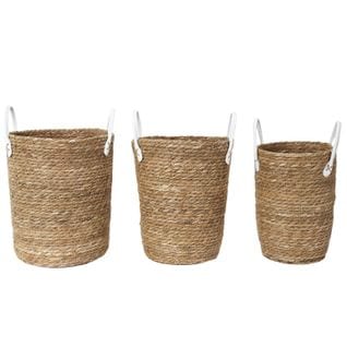 Lot De 3 Paniers Tressés Avec 2 Anses En Similicuir - Beige Et Blanc