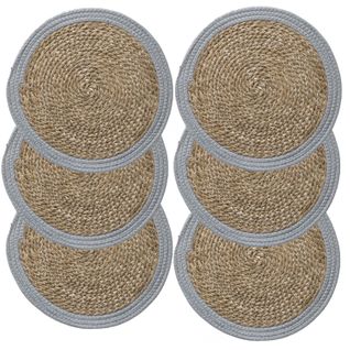 Lot De 6 Sets De Table Rond En Roseau Et Coton Pop - Diam. 38 Cm - Gris