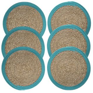 Lot De 6 Sets De Table Rond En Roseau Et Coton Pop - Diam. 38 Cm - Bleu