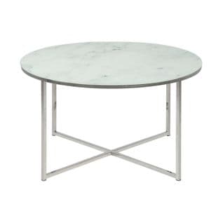 Table Basse Ronde Effet Marbre En Verre Et Métal - L.80 Cm X H. 45 Cm - Blanc