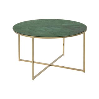 Table Basse Ronde Effet Marbre En Verre Et Métal - L.80 Cm X H. 45 Cm - Vert Et Doré