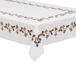 Nappe De Noël Rectangulaire Motifs Houx Et Baies - L. 140 X 360 Cm - Blanc Finition Dorée