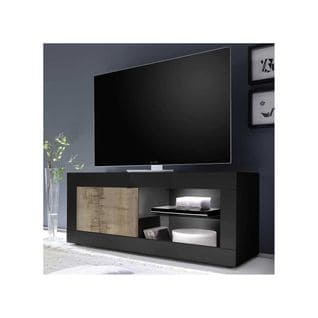 Meuble TV 1 Porte 2 Niches Noir Mat/bois Fumé à LEDs - Matera