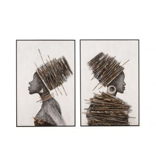 Peinture Femme Africaine Bois/canevas Marron/gris Assortiment De 2 - L 82,5 X L 4,5 X H 122,5 Cm