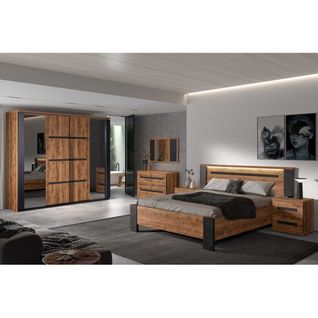 Chambre Complète (140*190) Bois Tropical à LEDs - Hades N°1