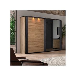 Armoire 217 Cm 2 Portes Coulissantes + Leds Chêne Naturel/noir - Zeus