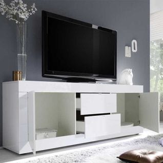 Meuble TV Moderne 2 Portes En Bois Blanc Laqué Brillant - Milan - L 210 X L 43 X H 66 Cm