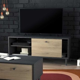 Meuble Tv 1 Porte 2 Niches Noir/chêne - Tyari - Dimensions : L 110 X L 39 X H 47 Cm