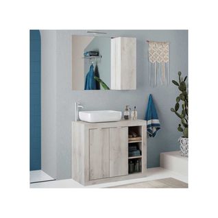 Meuble Sous-vasque 92 Cm Pin Blanc + Vasque + Miroir LED - Lubio