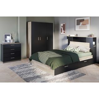 Chambre Complète 140x190 Noir Et Chêne Clair - Zily N°1