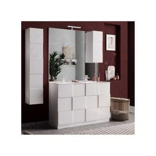 Meuble Sous-vasque 120 Cm Laqué Blanc Brillant + Vasque + Miroir Led + Colonne - Ticato