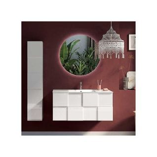 Meuble Sous-vasque 80 Cm Laqué Blanc Brillant + Vasque + Miroir LED + Colonne - Ticato