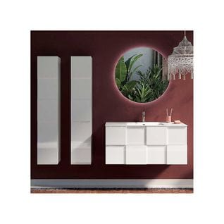 Meuble Sous-vasque 80 Cm Laqué Blanc Brillant + Vasque + Miroir LED + Colonnes - Ticato