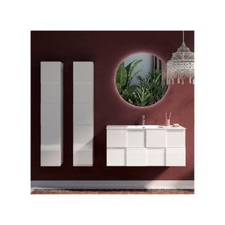 Meuble Sous-vasque 100 Cm Laqué Blanc Brillant + Vasque + Miroir LED + Colonnes - Ticato