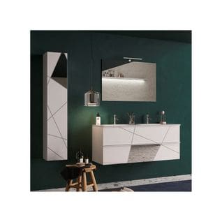 Meuble Sous-vasque 120 Cm Laqué Blanc Brillant + Vasque + Miroir LED + Colonne - Metria