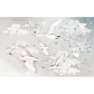 Sticker Mural Céleste Avec Cygnes Et Nuages Décoratifs 155 X 100 Cm Blanc