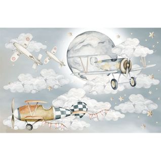 Décoration Murale Avions Rétro Et Lune Pour Chambre D'enfant 100 X 150 Cm Gris