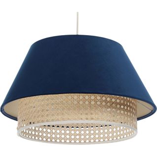 Suspension Extérieur En Tissu Velours Bleu Avec Rotin Naturel, Intérieur Crème