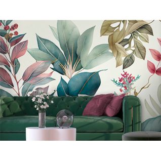 Décor Mural Botanique Feuilles Et Fleurs Pastel 400 X 280 Cm Vert