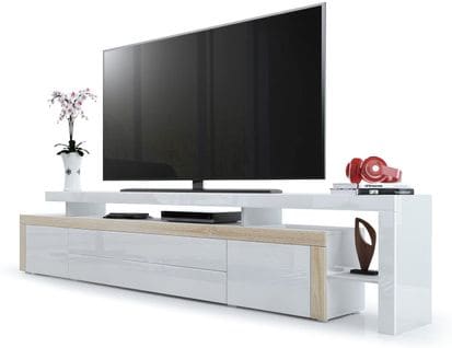 Meuble TV Laqué Blanc Et Aspect Chêne Brut 52 X 227 X 35 Cm