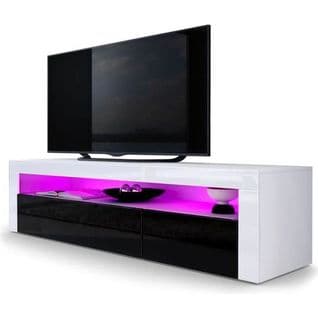 Meuble TV 155 Cm Blanc Mat  Portes Laquées Noir + LED 46 X 155 X 40 Cm