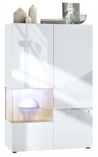 Vitrine Blanc Mat Et Brillant Insertion Chêne   (lxhxp) : 91,5 X 136,5 X 37 Cm + LED Blanc