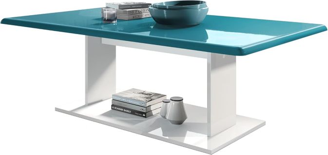 Table Basse  En Blanc Avec Plateau De Dessus En Turquoise Haute Brillance 40 X 120 X 70