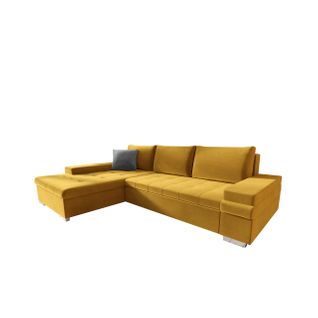 Canapé D’angle à Gauche En Tissu Jaune, Convertible Lit Et Coffre De Rangement, Banga Mini