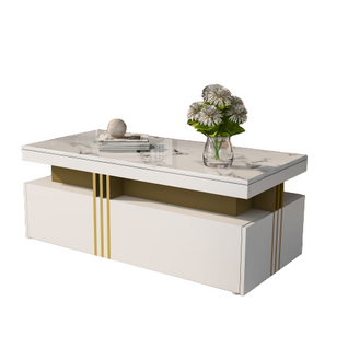 Table basse rectangulaire moderne avec plateau à motif PVC et 2 tiroirs en bois 100x50x40