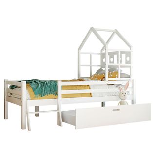 Lit cabane enfant avec tiroirs et sommier à lattes 90x200, lit mezzanine en bois massif blanc