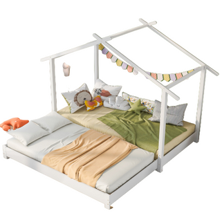 Lit Enfant Cabane 90/180 X 190 Cm,en Bois Massif Sommier à Lattes Convertible, Blanc