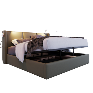 Lit double rembourré avec coffre de rangement et lampe de lecture en tête de lit, cadre de lit