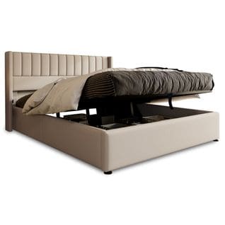 Lit double capitonné avec coffre hydraulique 180x200, sommier à lattes en bois et métal, lin beige