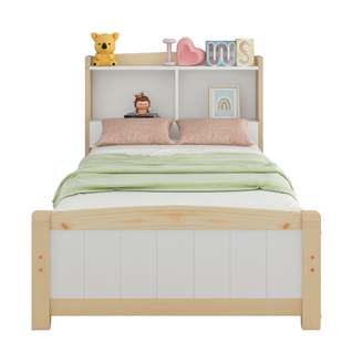 Lit simple avec tête étagères en bois de pin massif 90x200 avec sommier à lattes, blanc