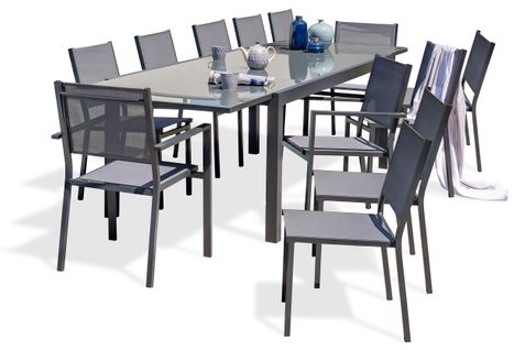 Ensemble Repas 12 Places En Aluminium Anthracite Et Plateau Verre - Tolede