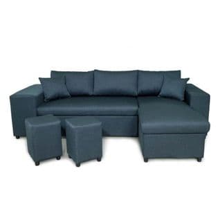 Canapé D'angle Mady Convertible Avec Coffre, Accoudoir Étagère Et Poufs En Tissu - Bleu