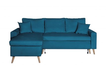 Canapé D'angle Maria Scandinave Velours Réversible Et Convertible Avec Coffre -  Bleu Pétrole