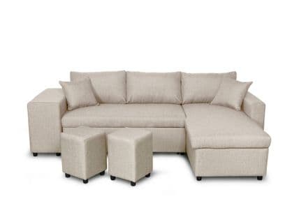 Canapé D’angle Oslo Convertible Avec Coffre Et Poufs Gauche En Tissu Beige