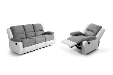 Relaxxo - Pack Canapé Relax Manuel Leo 3 Pl + Fauteuil Manuel En Microfibre Et Simili - Gris/blanc