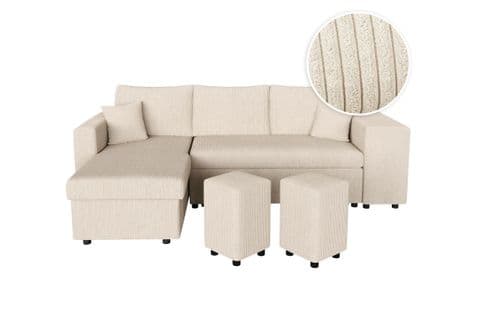 Canapé D'angle Réversible Convertible Oslo Avec Coffre, 2 Poufs à Droite En Velours Côtelé Beige