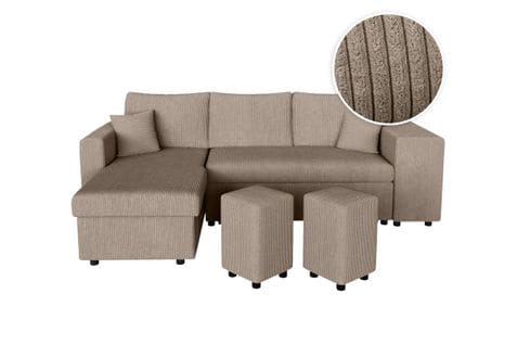 Canapé D'angle Réversible Convertible Oslo Avec Coffre, 2 Poufs à Droite En Velours Côtelé Taupe