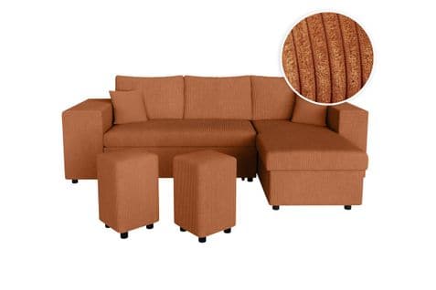 Canapé D'angle Mady Convertible Avec Coffre, Rangement Poufs à Gauche En Velours Côtelé Terracotta