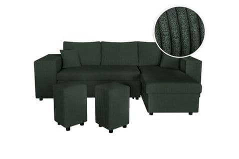 Canapé D'angle Mady Convertible Avec Coffre, Rangement Poufs à Gauche En Velours Côtelé Vert Foncé