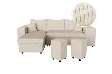 Canapé D'angle Mady Convertible Avec Coffre, Rangement Poufs à Droite En Velours Côtelé Beige