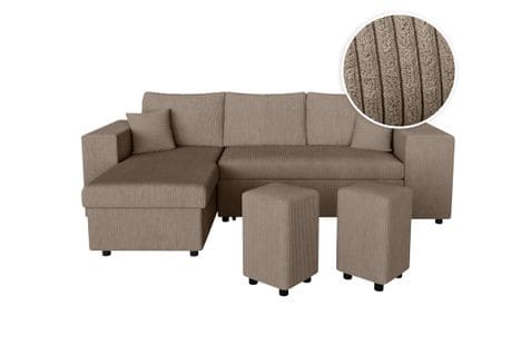 Canapé D'angle Mady Convertible Avec Coffre, Rangement Poufs à Droite En Velours Côtelé Taupe