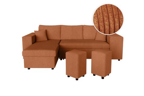 Canapé D'angle Mady Convertible Avec Coffre, Rangement Poufs à Droite En Velours Côtelé Terracotta