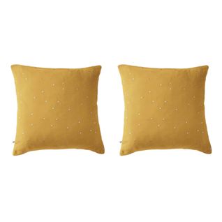 Lot 2 Taies D'oreillers Pois Brodés Double Gaze Coton Jaune 60x60