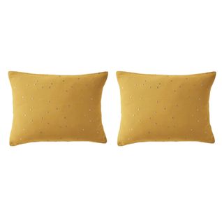 Lot 2 Taies D'oreillers Pois Brodés Double Gaze Coton Jaune 50x70