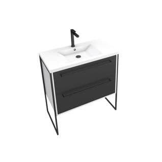 Meuble De Salle De Bain 80x50cm Blanc - 2 Tiroirs Noir Mat - Vasque Résine Blanche - Structura P021