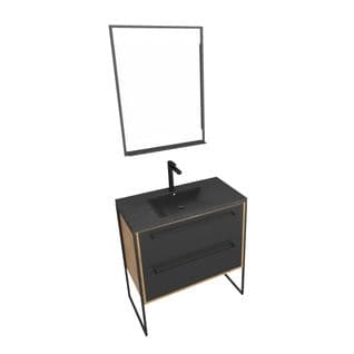 Meuble De Salle De Bain 80x50cm Chene Brun - 2 Tiroirs - Vasque Resine Noire Effet Pierre - Miroir